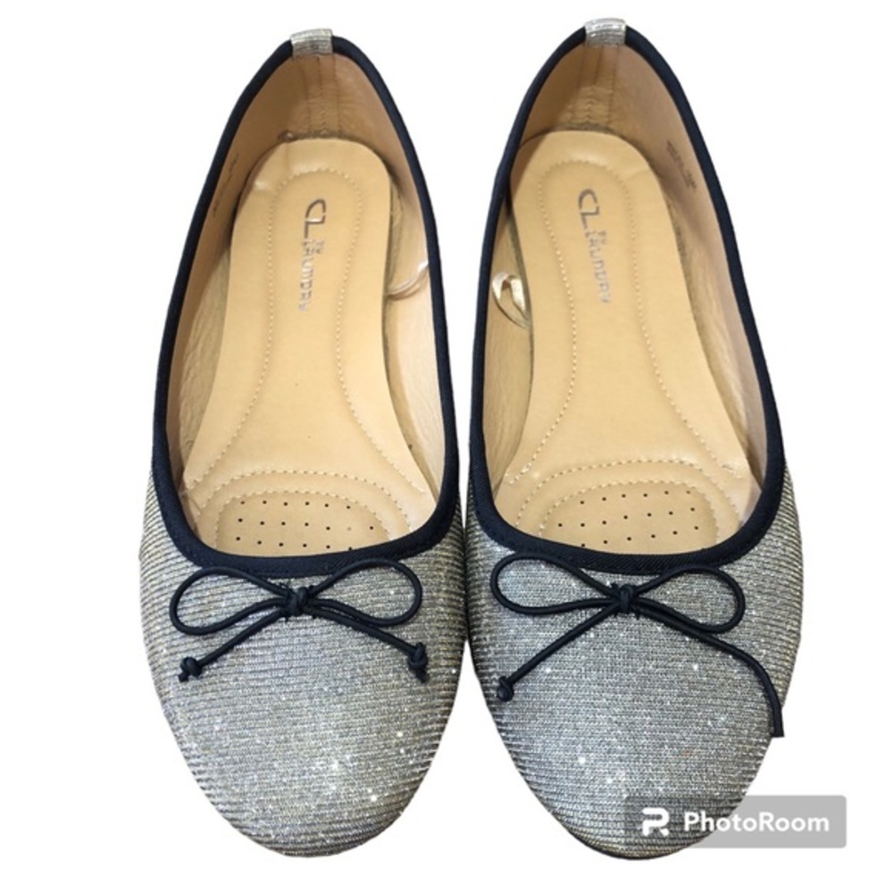 CL by Laundry Gold & silver shimmer ballet flats w/dark brown trim & bows Size10